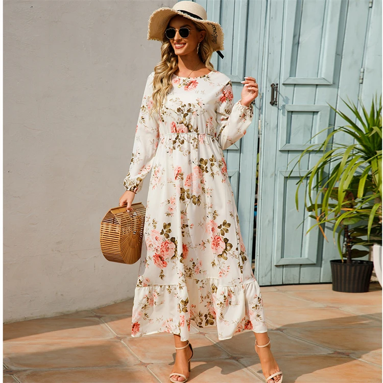 Spring Women Maxi Dresses Casual Full Sleeve Floral Printed O-neck ...