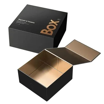 Custom small rigid cardboard paper packaging empty luxury black gold folding magnetic Gift box