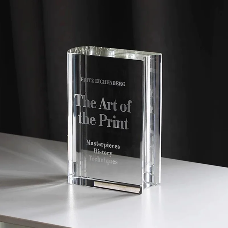 Custom Simple Design Clear Crystal Book Shape Trophy Award Glass Plaque for Quiz Debate Competition Trophy Souvenirs