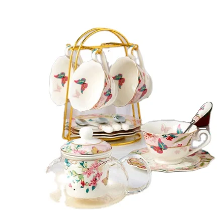 Wave Shape Tea Set 15pcs in Color Box Gift Item with Elegent Design with Glass Tea Pot with Warmer Coffee Cup and Tea Set