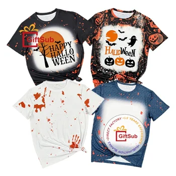 Halloween Print Bleached Sublimation Shirts Blanks T-shirt 100% Polyester Bleached Shirts Faux Bleach Shirt For Sublimation