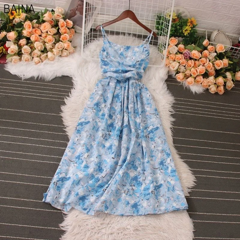 New Retro Flower Printing Sweet Ladies Dress Tea Break Pleated Camisole Casual Dresses