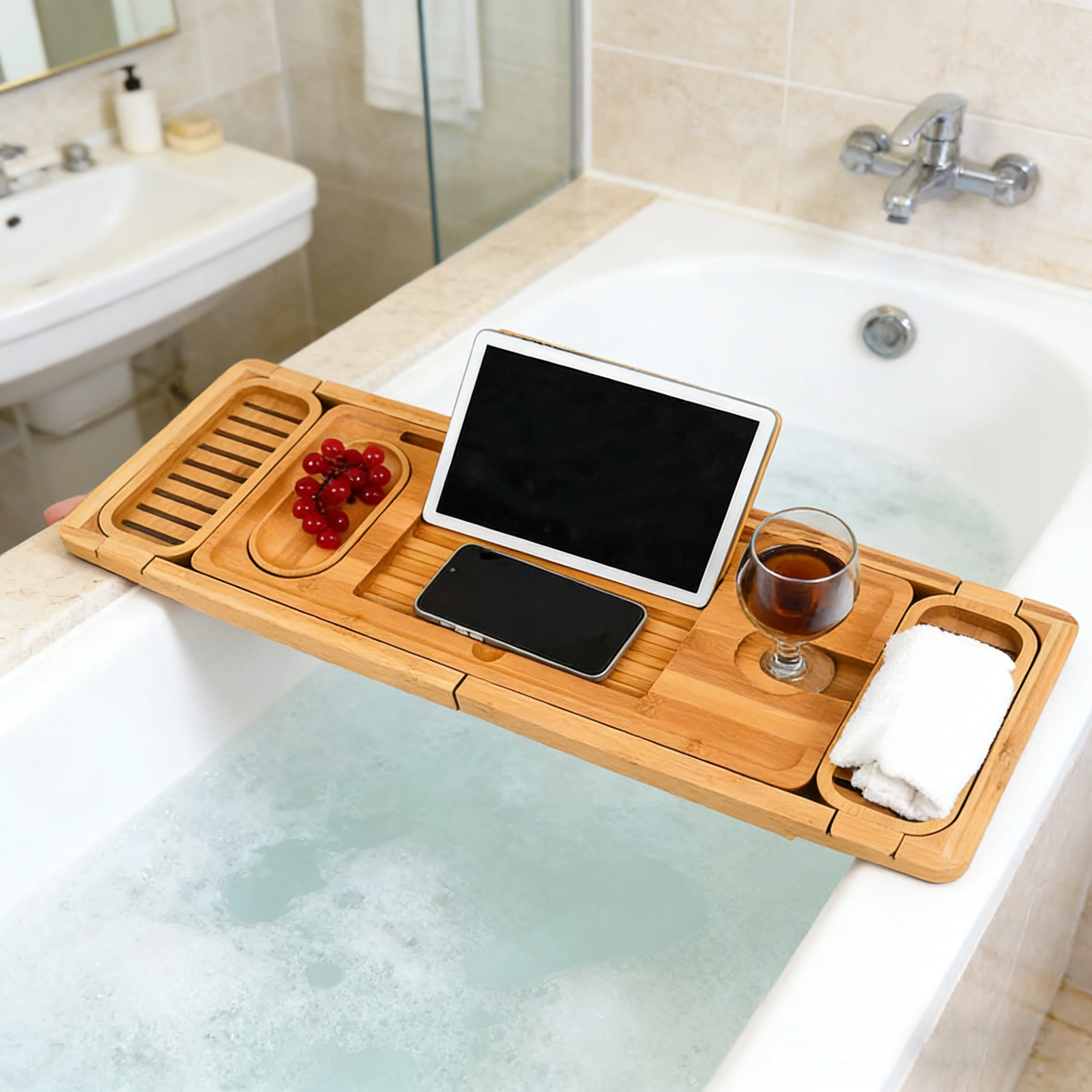 Bamboo Expandable Bathtub Caddy Tray Non-Slip Bath Tray Organizer for Luxury Spa Bathroom Accessories with Wine Glass Holder