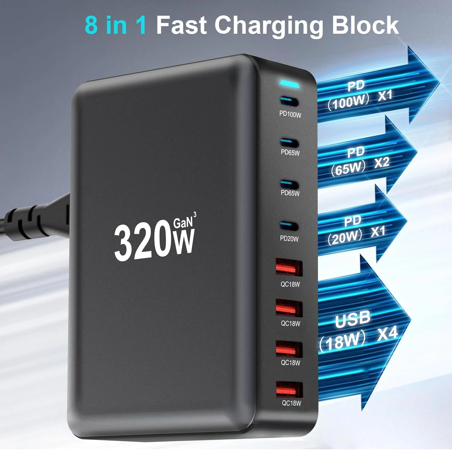 USB-C-oplader, 600 W, snellader PD QC PPS met 8 poorten GaN III, 5 USB