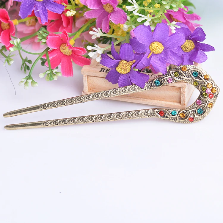 
Vintage Accessories Antique Bronze Plated Hairpins U shape Stick Pin Women Rhinestone Flower Hair Jewelry 