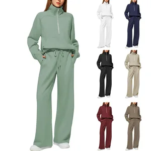 2026 Women's Super Large Half Zipper Fashion Sports Shirt Wide Leg Casual Two Piece Set