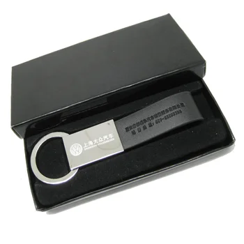 Personalized luxury Genuine black Leather car logo key chain tags with box for giveaway