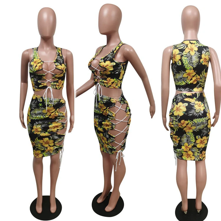 MOEN Printing Sleeveless dua buah Flower Strap String Women Summer Clothes Short Set Sexy Two Pieces Skirt Set