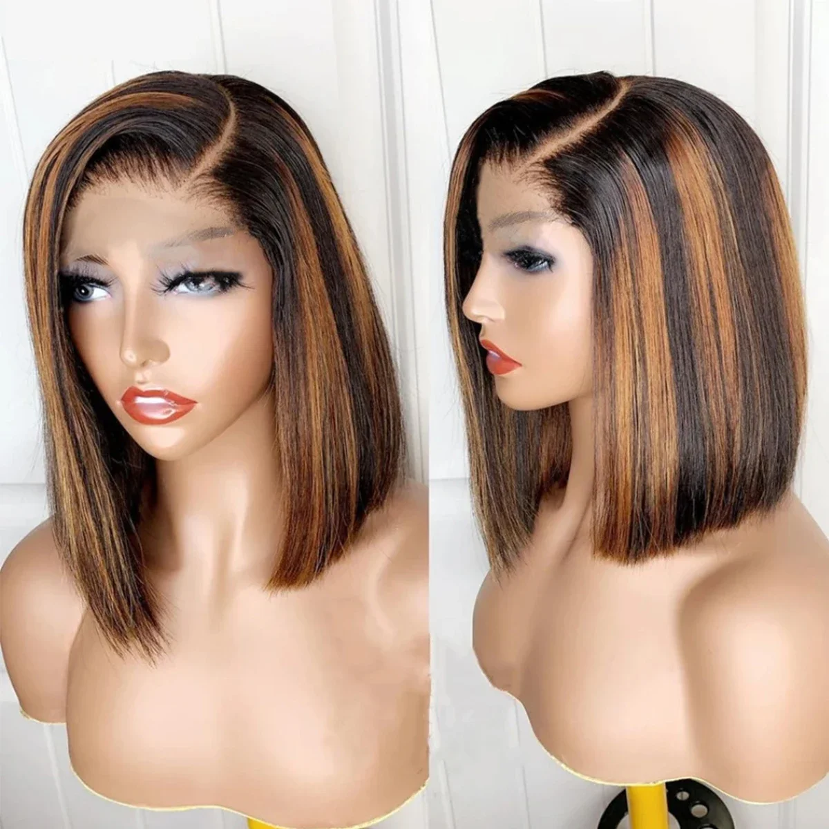 Bob Wig Echthaar T-part Lace Front Perücke Glatt Braun Remy_voghion.com