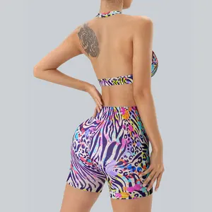 Women's Sports Fitness Full Body Striped Polka Dot Printed Seamless Bra  and Shorts Set Breathable Comfortable