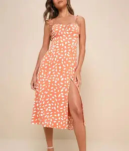 Orange Lady's Summer Dress Floral Printing Bodycon Slip High Waisted Vacation Knee Length Dress Casual Dress
