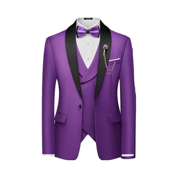 Men's Slim Fit 3-Piece Suit One Button Solid Shawl Lapel Blazer Jacket Vest Pants Worsted Single Breasted Tie Pocket