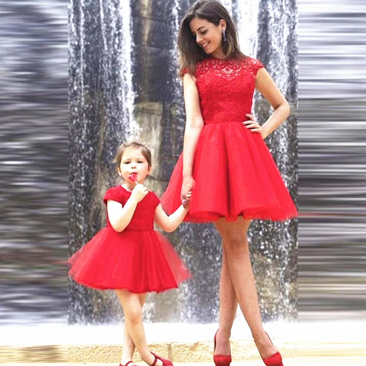 Lycra Plain Red and White Mother Daughter gown dresses WJ52316