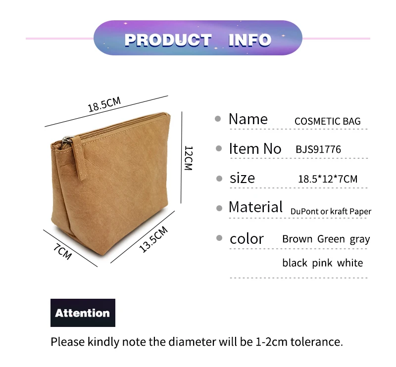 Wholesale Custom Travel Artist Private Label Brown Small Washable Tyvek DuPont Kraft Paper Cosmetic Bag