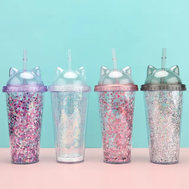 Wholesale BPA Free Snowglobe Tumbler Plastic Double Wall Plastic Water Bottle Cat Ear Cup With straw