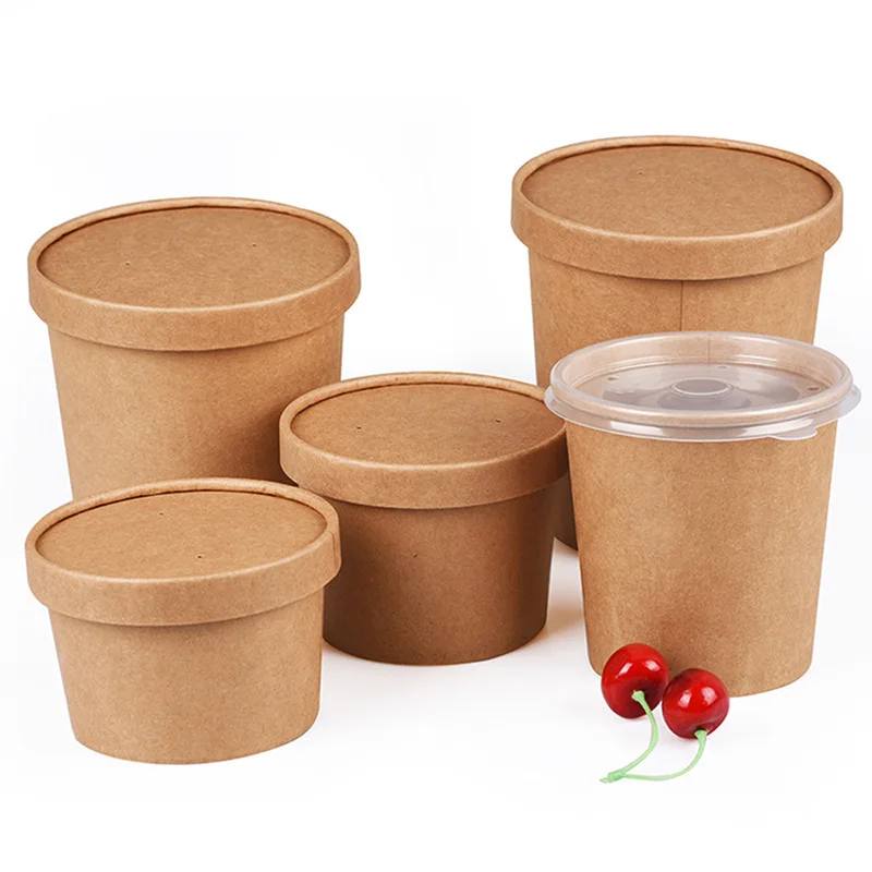26oz Brown Soup Containers Bundle with Matching Brown Lids Fast Food Takeaways 