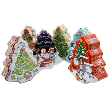 Christmas Tree Shaped Tinplate Candy Box Tin Box Santa Cartoon Decorative Gift Packing Tin Candy Box Kids Christmas Decorations