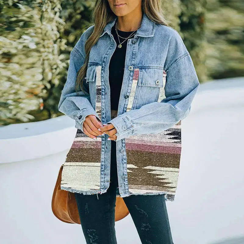 Wholesale Fast Shipping New Arrivals Eco-Friendly Vintage Acid Washed Western Women Clothing Aztec Denim Buttoned Winter Jacket