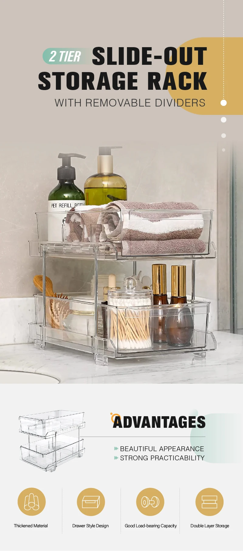 2 Tier Plastic Clear Pullout Organizer Drawer Kitchen Pantry Medicine