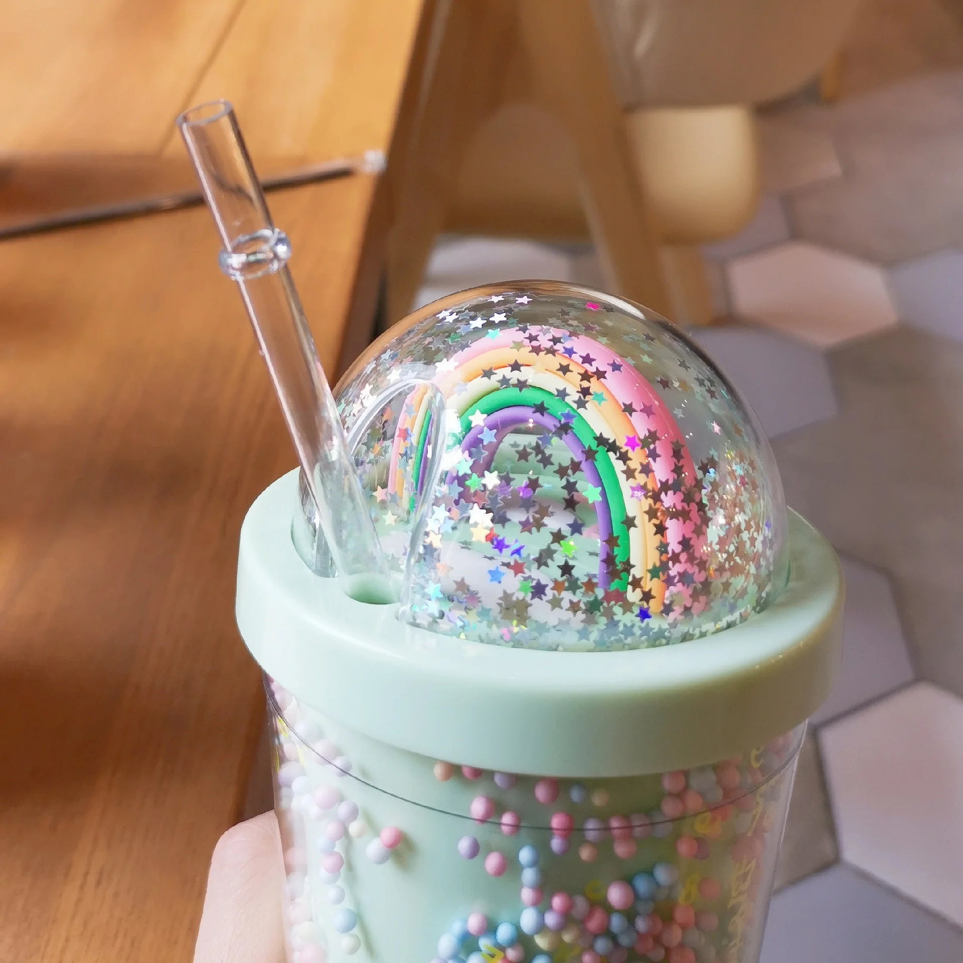 Creative Cute Colorful Beads rainbow Cups Girls Plastic Water Bottle for Adults