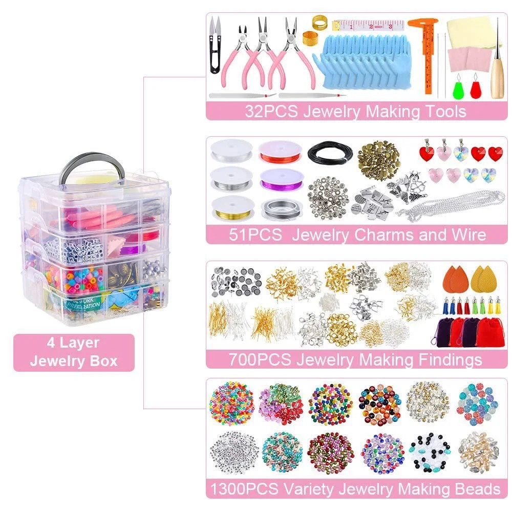 4-layer 2880Pcs Beads Charms Jewelry Findings Beading Wire Jewelry Making  Kit Supplies For Bracelets Necklace Earrings