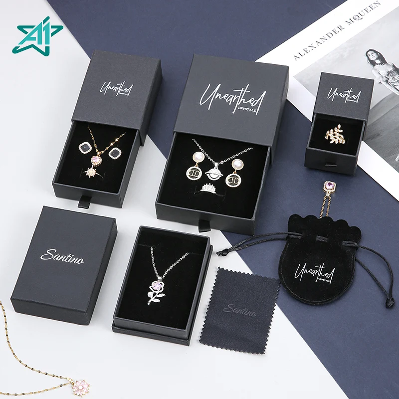 A1 Black Rectangle Customizable Recyclable Cardboard Embossed Popular Jewelry Storage Box Sliding Drawer Rings Pendants Earrings