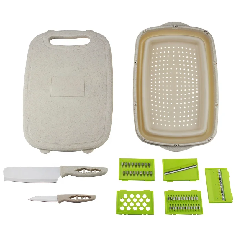Multifunctional 9 in 1 Foldable Cutting Board With Collapsible Colander and Vegetable Chopper Slicer