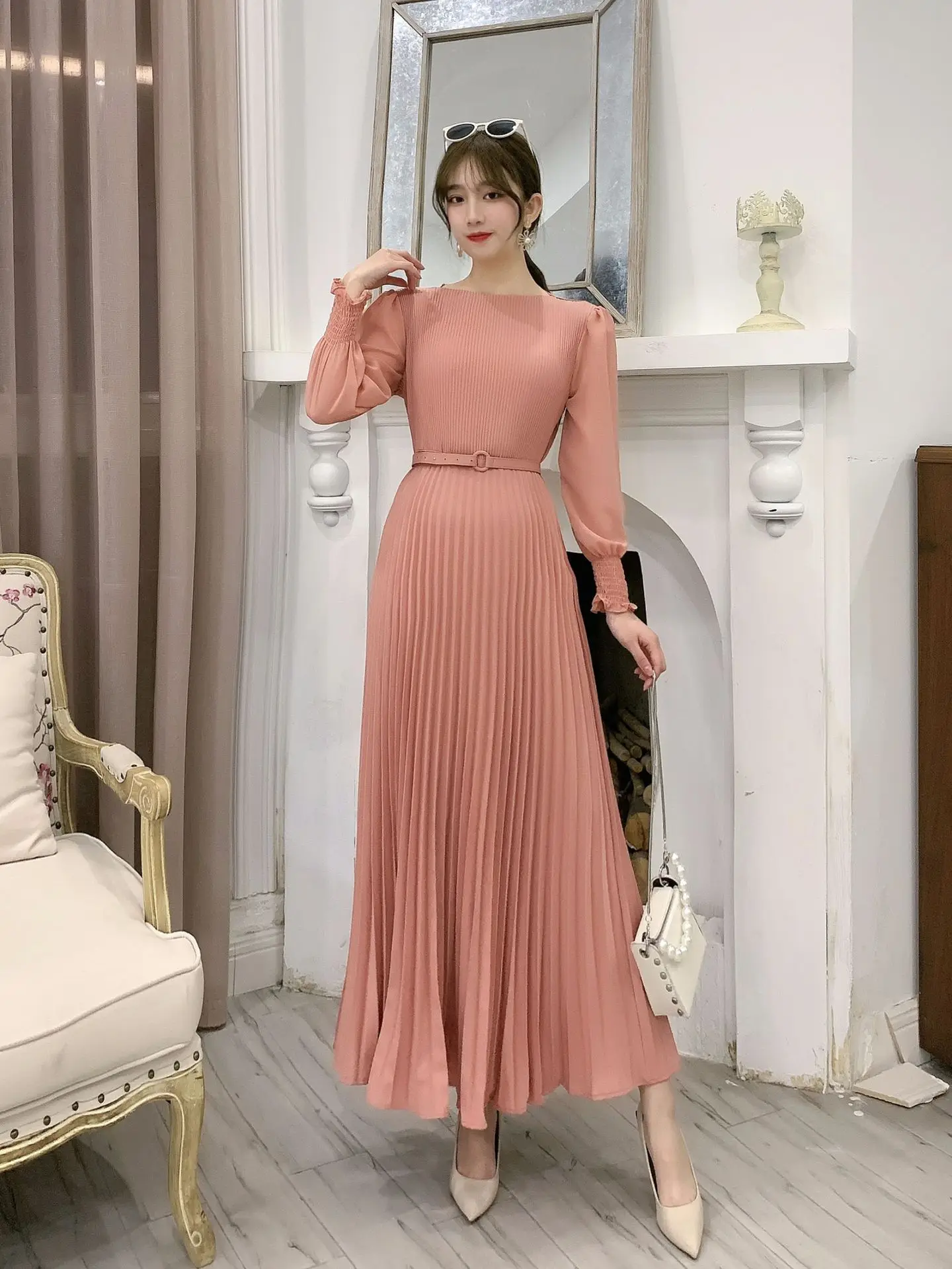A406020 Business Casual Shirt Dress for Women Long Sleeves Pleated Midi Dresses with Belt