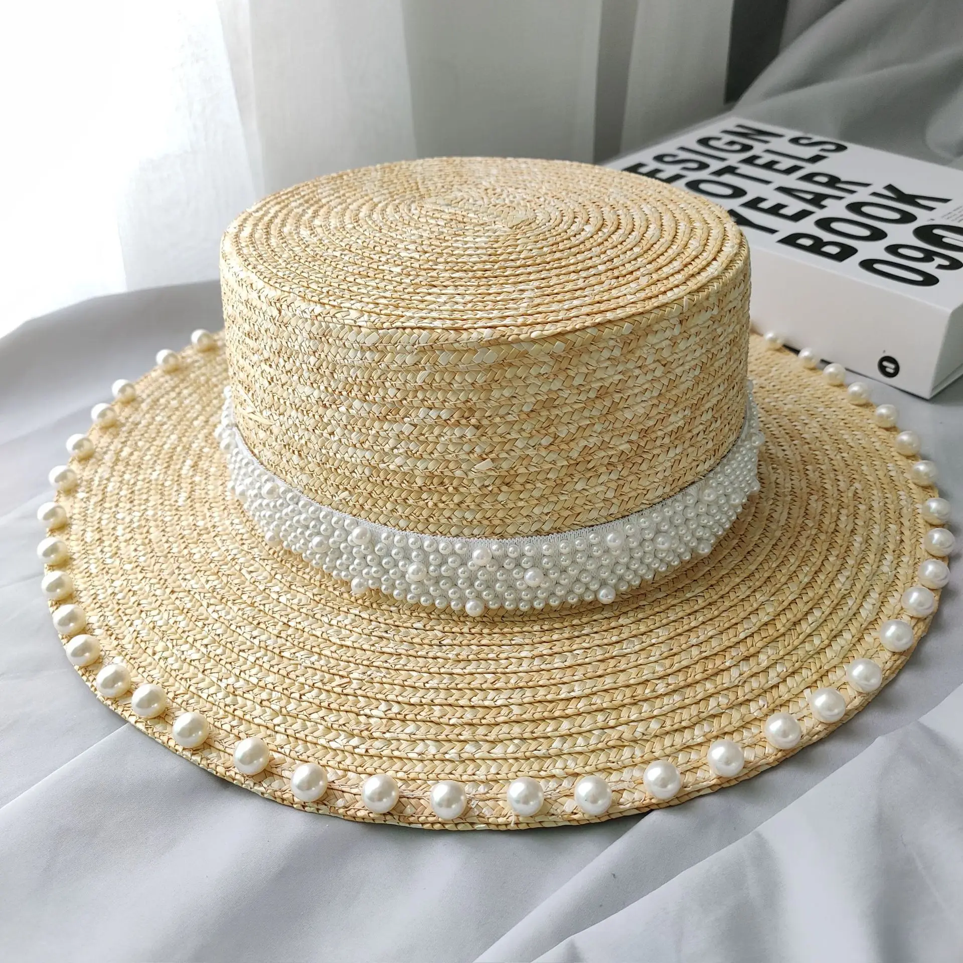 Summer Trend: Boater Shape Pearls Natural Wheat Straw Hat