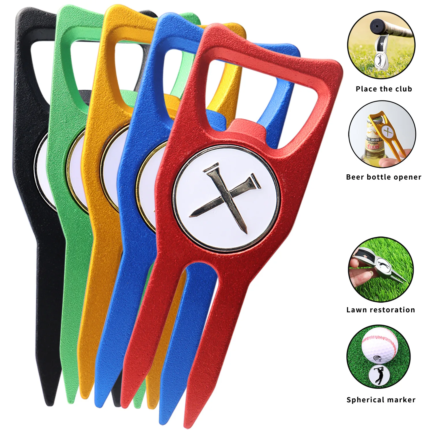 Golf Ball Marker Divot Repair Tool And Pitchfork With Bottle Opener