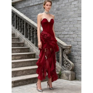 Factory Wholesale Runway Fashion Party Dress Women Spring Summer Strapless 3D Appliques Slim Tassel Diamonds Elegant Midi