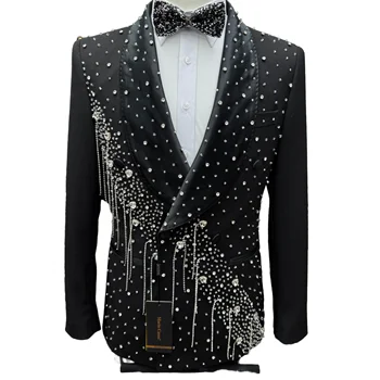 Luxury 2 PC Set Wedding Groom Suit Double Breasted Jacket Pants Crystal Beads Black Men Suits