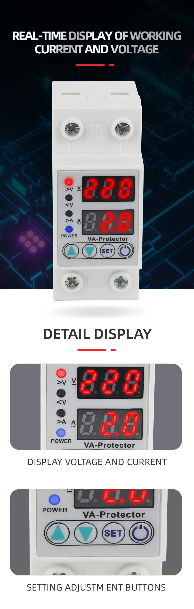 Din Rail Intelligent Adjustable Under Over Voltage Current Protector