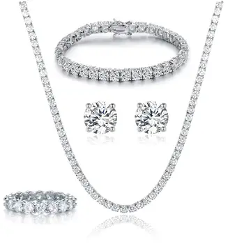Luxury Hot Selling Women's Shiny Gemstone Jewelry Popular copper Bridal 18K White Gold Plated Tennis Jewelry Set