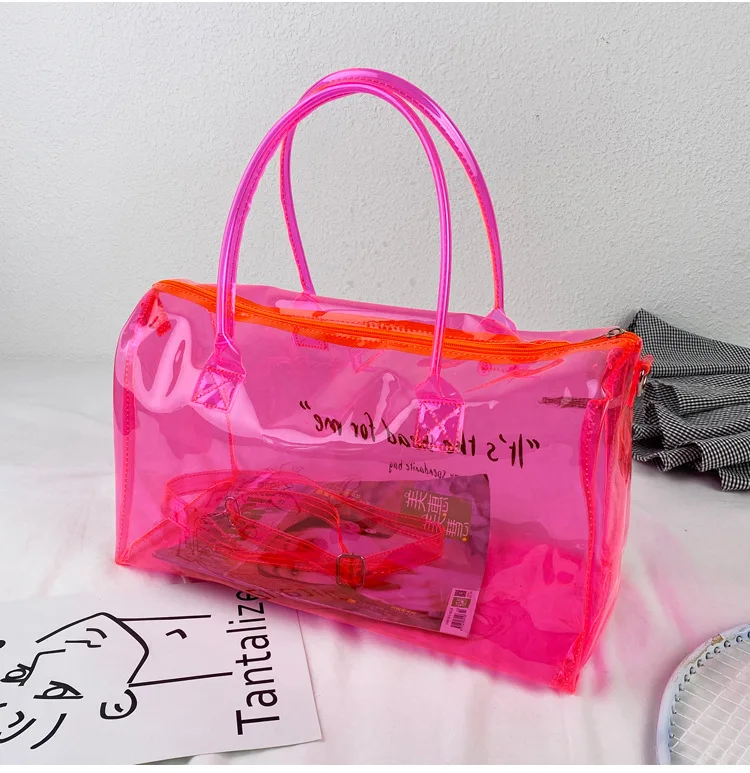Clear Gym Bag for Women,Spend Night Bag Clear PVC Tote Bag Large Sports Duffel Bag Bright Candy Color Jelly Bag with Durable Metal Zipper for Gym