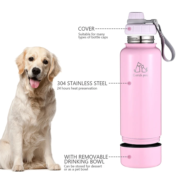 32oz Double Wall Stainless Steel Dog Water Bottle with Rounded Bowl 2-in-1 Multifunction Pet Travel Bottle for Outdoor Use