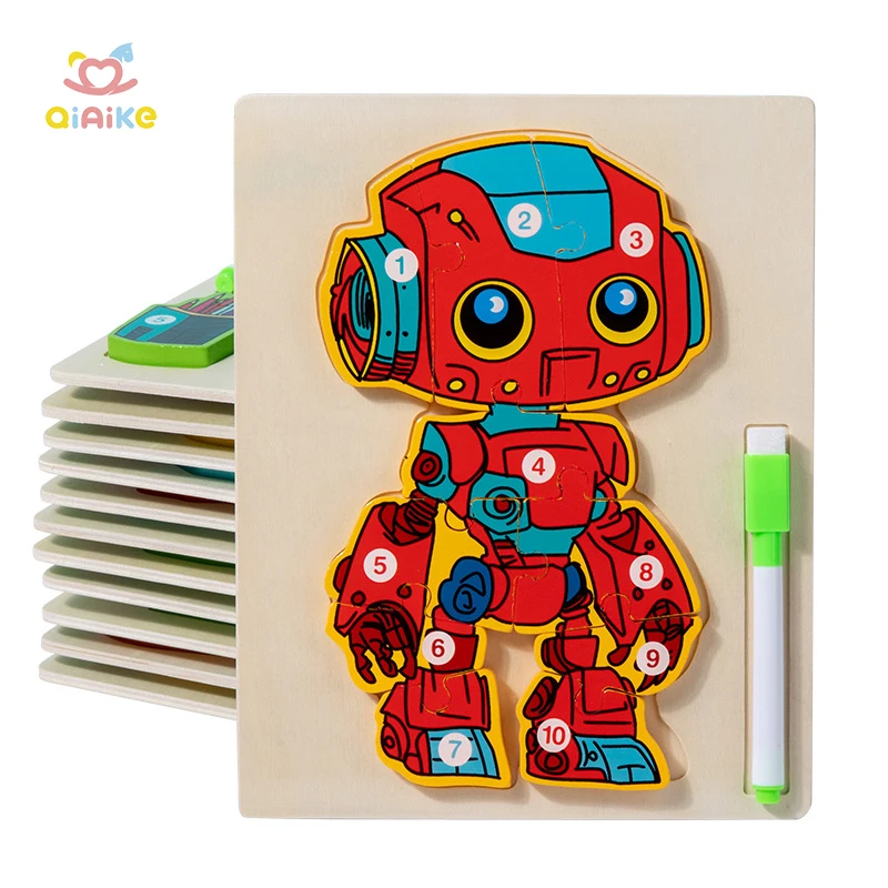 CPC CE Certified Unisex DIY Toy 2 in 1 Children's Educational Building Block Robot 3D Wooden Jigsaw Puzzles with Tracing Board