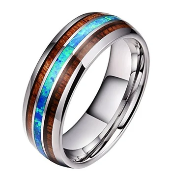 Popular Stainless Steel Inlay Jewelry Tungsten Steel Hawaiian KOA Wood Blue Opal 8MM Wedding Band Ring