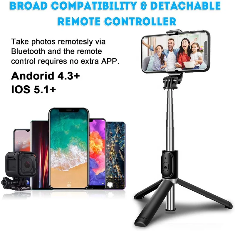 
 Q02 360 вращения Портативный Легкий 40-дюймовый алюминиевый Отсоединяемый Беспроводная селфи-палка штатив-Трипод  