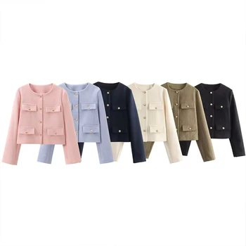 Women 2024 New Fashion Clamshell trim short Blazer Coat Vintage Long Sleeve Pockets Female Outerwear Chic