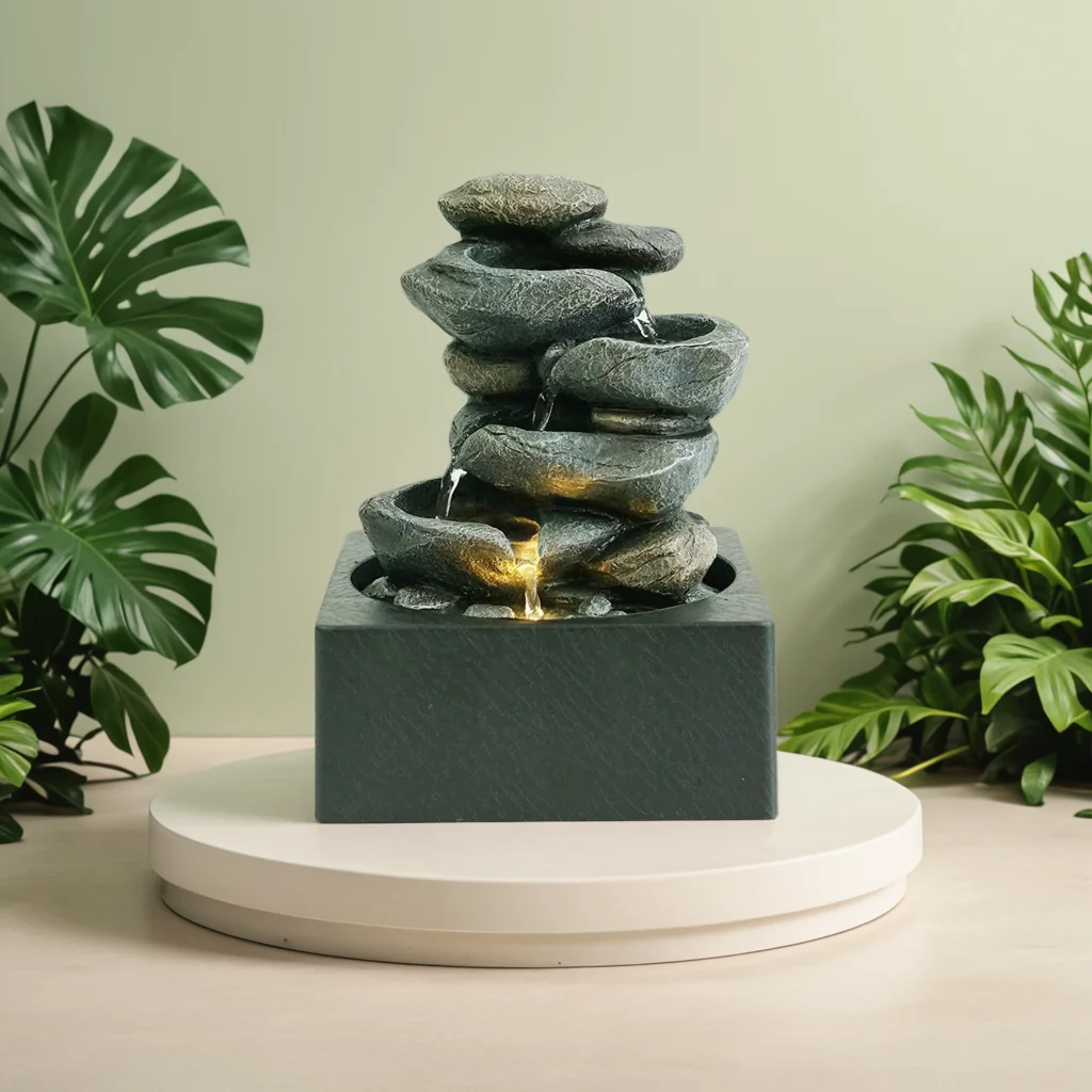 Four Layer Rockery Tabletop Water Fountain Decoration Home Decoration with LED Lights for Indoor Religious Buddhism GENO 100pcs