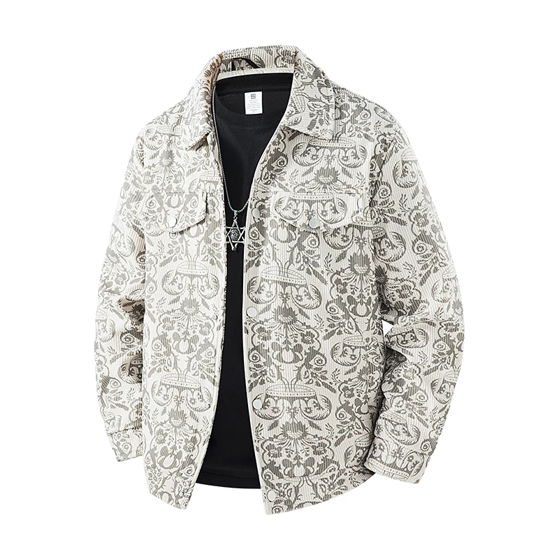 Retro floral jacquard corduroy jacket, classic lapel, casual retro windproof single-breasted coat