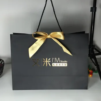 Customized Fashion Stores & Gift Packaging Elegant Black Paper Shopping Bags with Golden Ribbon Handles