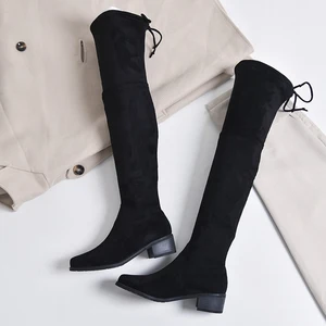 OEM Brand Women Over Knee Winter Boots Lace up Stretch Slim Thigh High Heel Long Boots Shoes