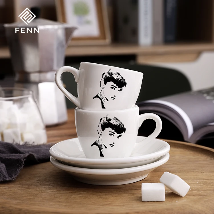 Customize Pattern Decal Design Ceramic Italian Espresso Coffee Cups / Porcelain Tea Coffee Cup and Saucer