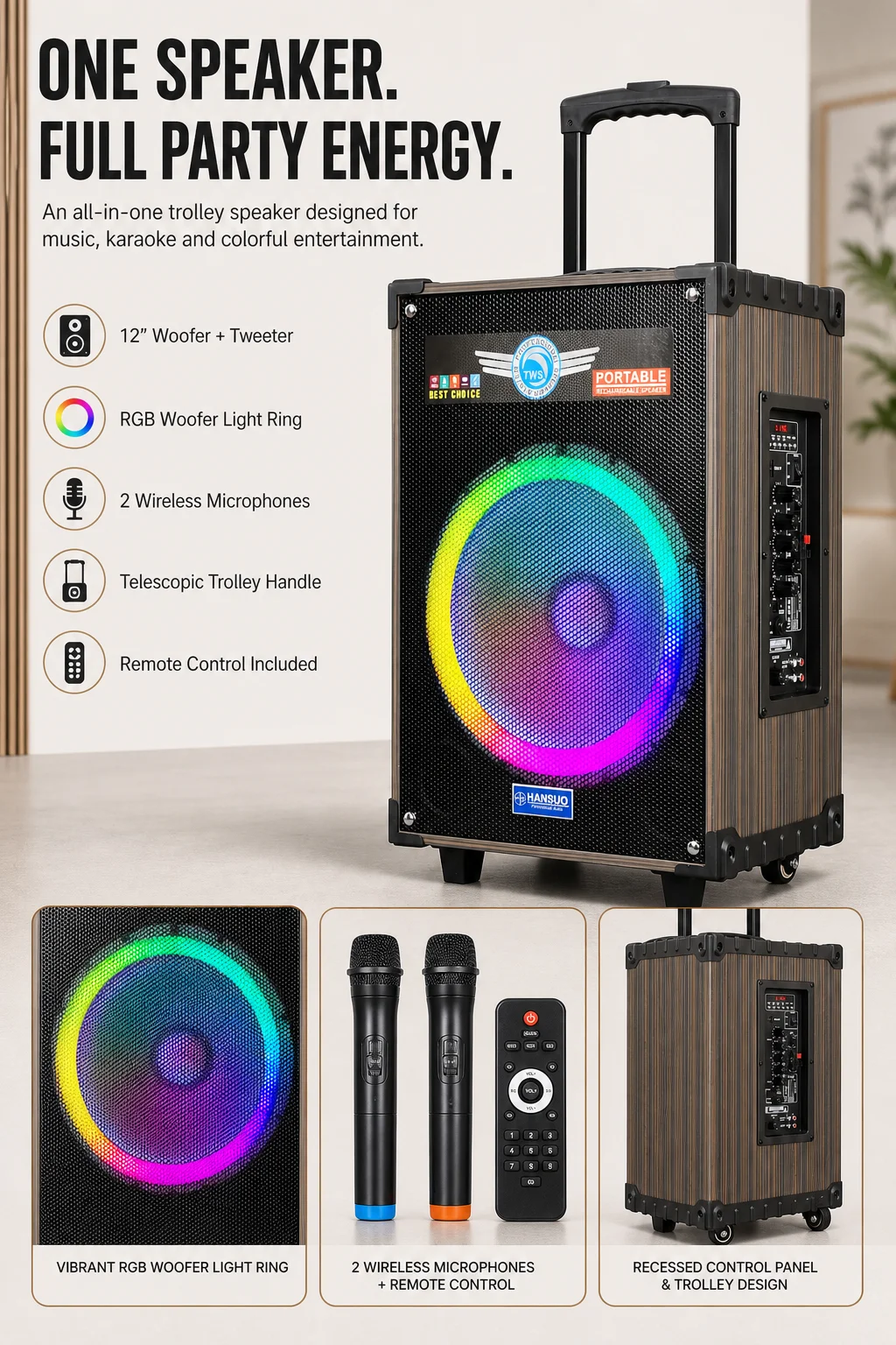 50W-100W HS-TS12Q3 12-Inch Trolley Karaoke Party Speaker Two Wireless Microphones Retractable Handle for V5.3 RGB LED
