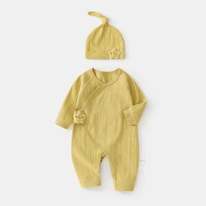 Solid Pattern Newborn Butterfly Romper Hat Casual Knitted 100% Cotton Button Closure Crawling Clothes for Baby Spring Autumn