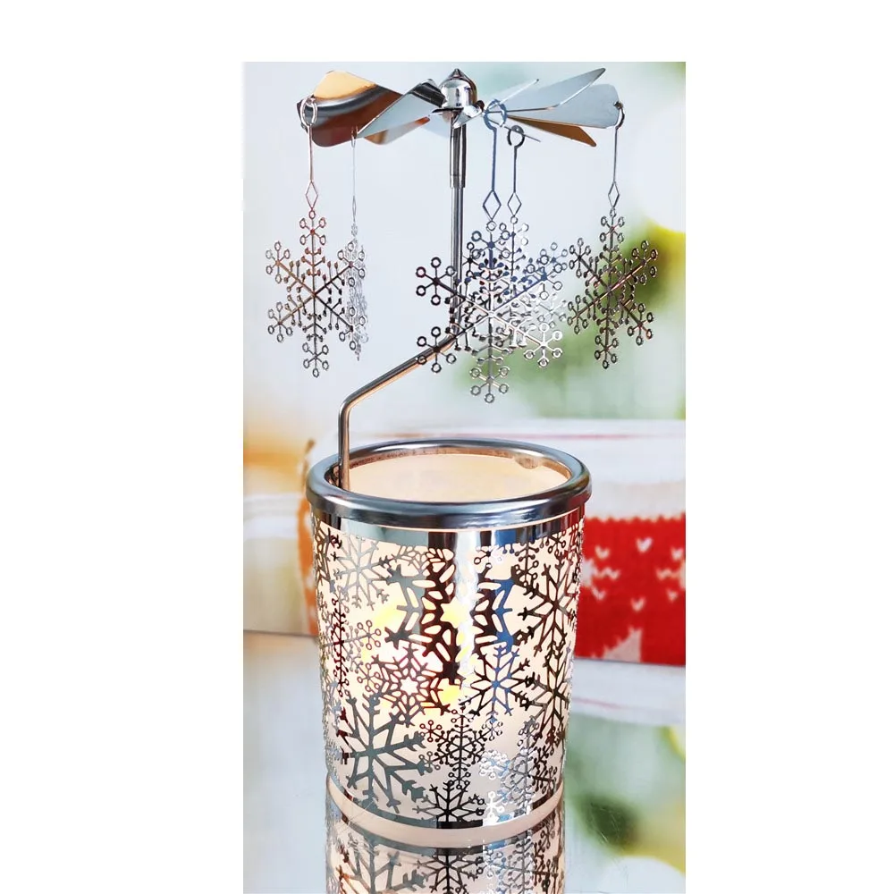 Silver Snowflake Rotating Christmas Carousel Candle Holder Metal Tea Light Holders Rotary Candle Holder for Home Decor