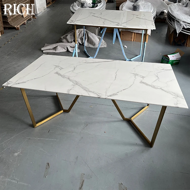 Modern Luxury Rectangular White Faux Marble Top Metal Dining Table Home Villa Apartment Kitchen Room Hotel Office Restaurant Use