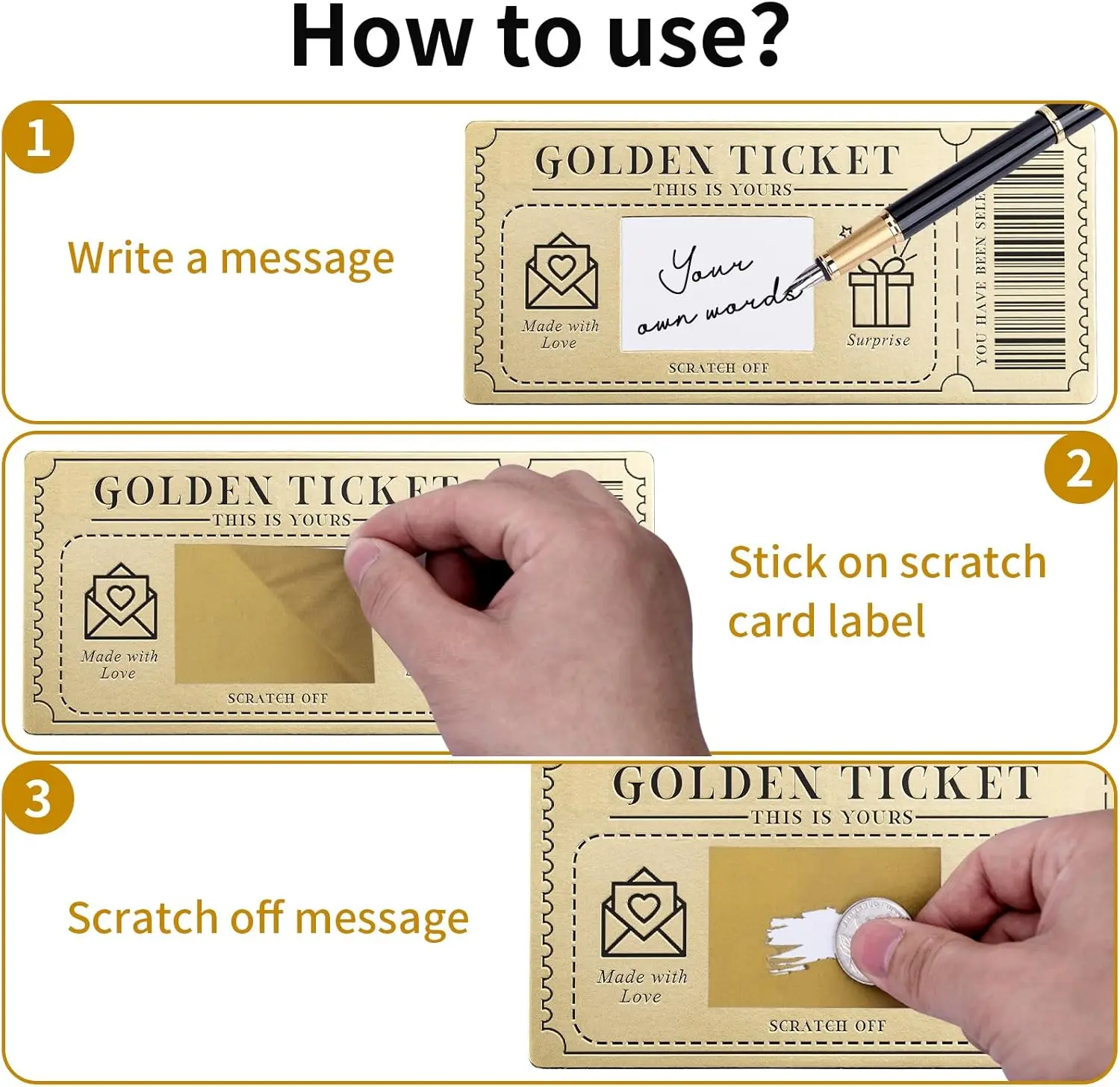 Golden Ticket Scratch-off Cards with Envelopes for Writing Your Own Special for Birthday Valentine's Day Christmas Gift Card